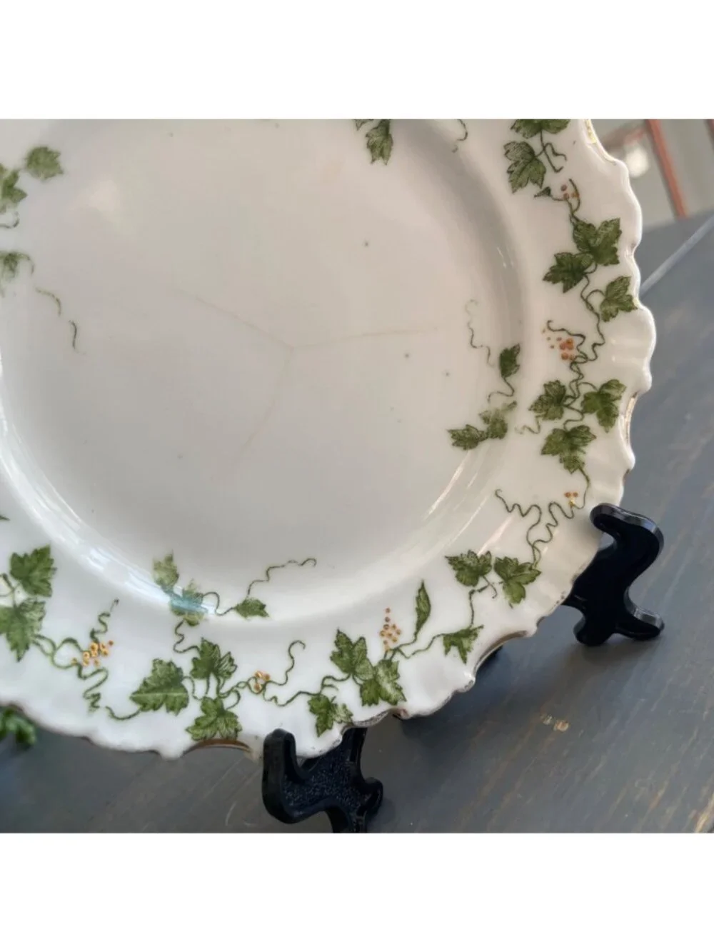 Antique Limoges Salad Dessert Plate Green Ivy Pattern Scalloped Edges